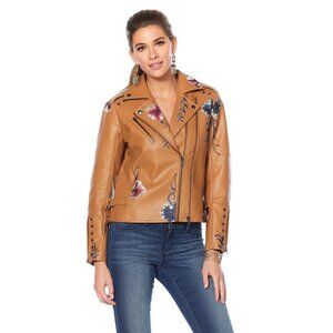 Colleen Lopez Caramel Moto Jacket, Floral Embroidered, Studs, Vegan Leather, EUC